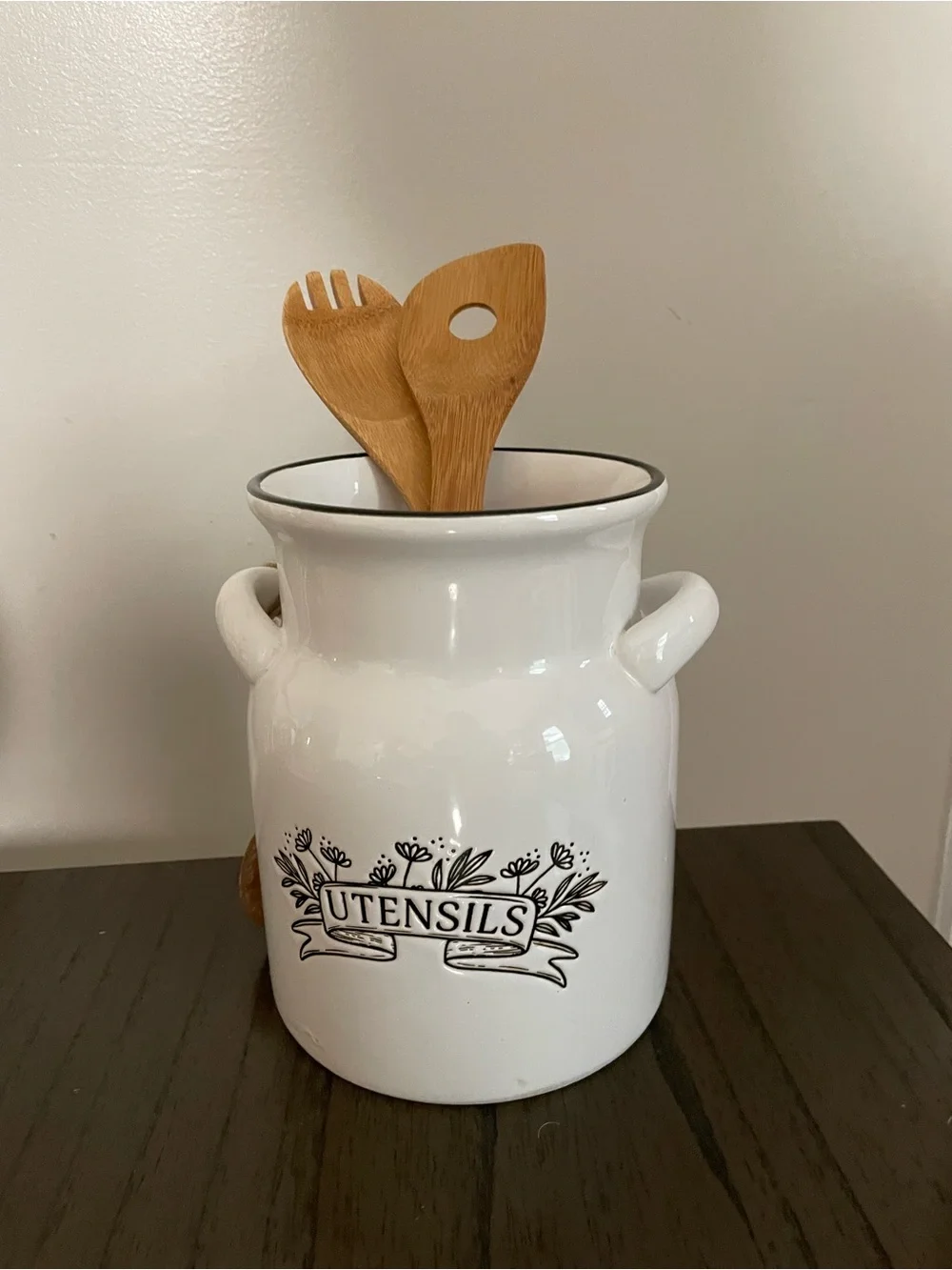 White Ceramic Utensil Holder Crock with Black Accent